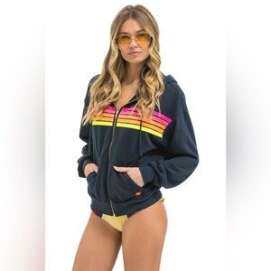 NWOT 5 STRIPE RELAXED ZIP HOODIE - CHARCOAL // NEON XL